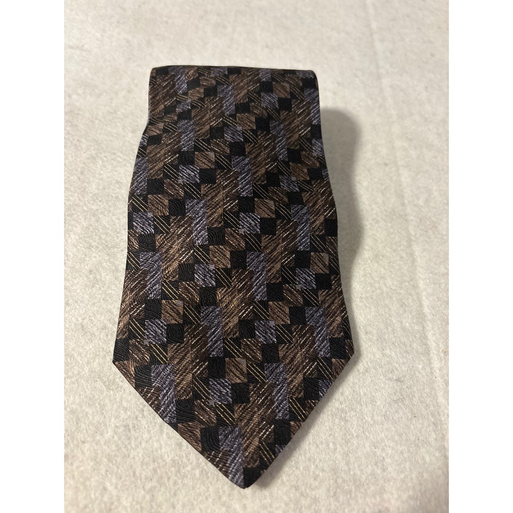 Hill & Archer Silk‎ Necktie Mens OS Brown Blue Geometric Block Pattern USA Made